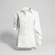 Load image into Gallery viewer, Premium womens luxury dress shirt long sleeve white with cross logo, organic cotton blend, wrinkle resistant, UV protected, imported from Italy