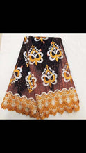 Load image into Gallery viewer, Chocolate and black Swiss cotton lace with white, golden, yellow embroidery and scalloped edge