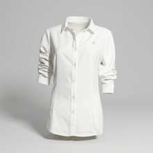 Load image into Gallery viewer, Premium womens luxury white long sleeve dress shirt with cross logo, organic cotton blend, UV protection, and wrinkle resistant fabric
