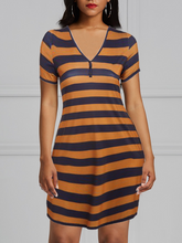 Load image into Gallery viewer, V-Neck Brown Navy Stripe Bodycon Dress
